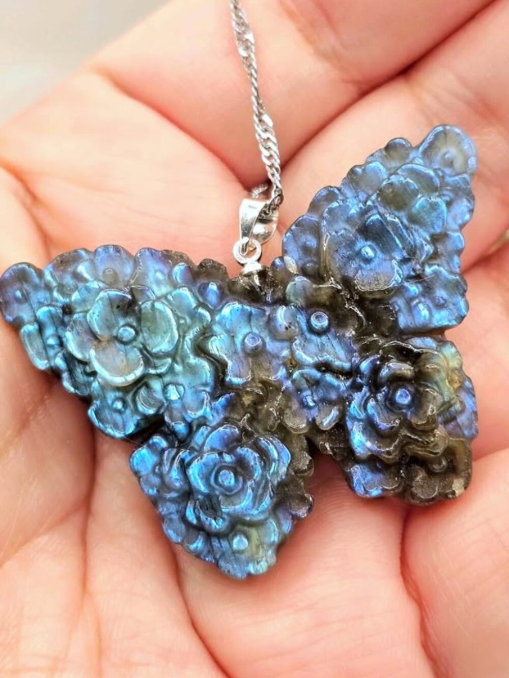 Natural Labradorite Flower‑Covered Butterfly Pendant Necklace • Butterfly Decor